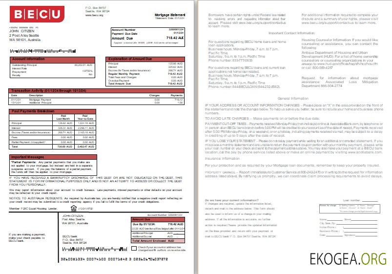 Relevé hypothécaire bancaire australien BECU, 2 pages, 1, 2 scr